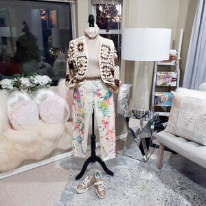 NWT Misskoo brown, cream, gold metallic fibre shimmer accent crochet cardigan